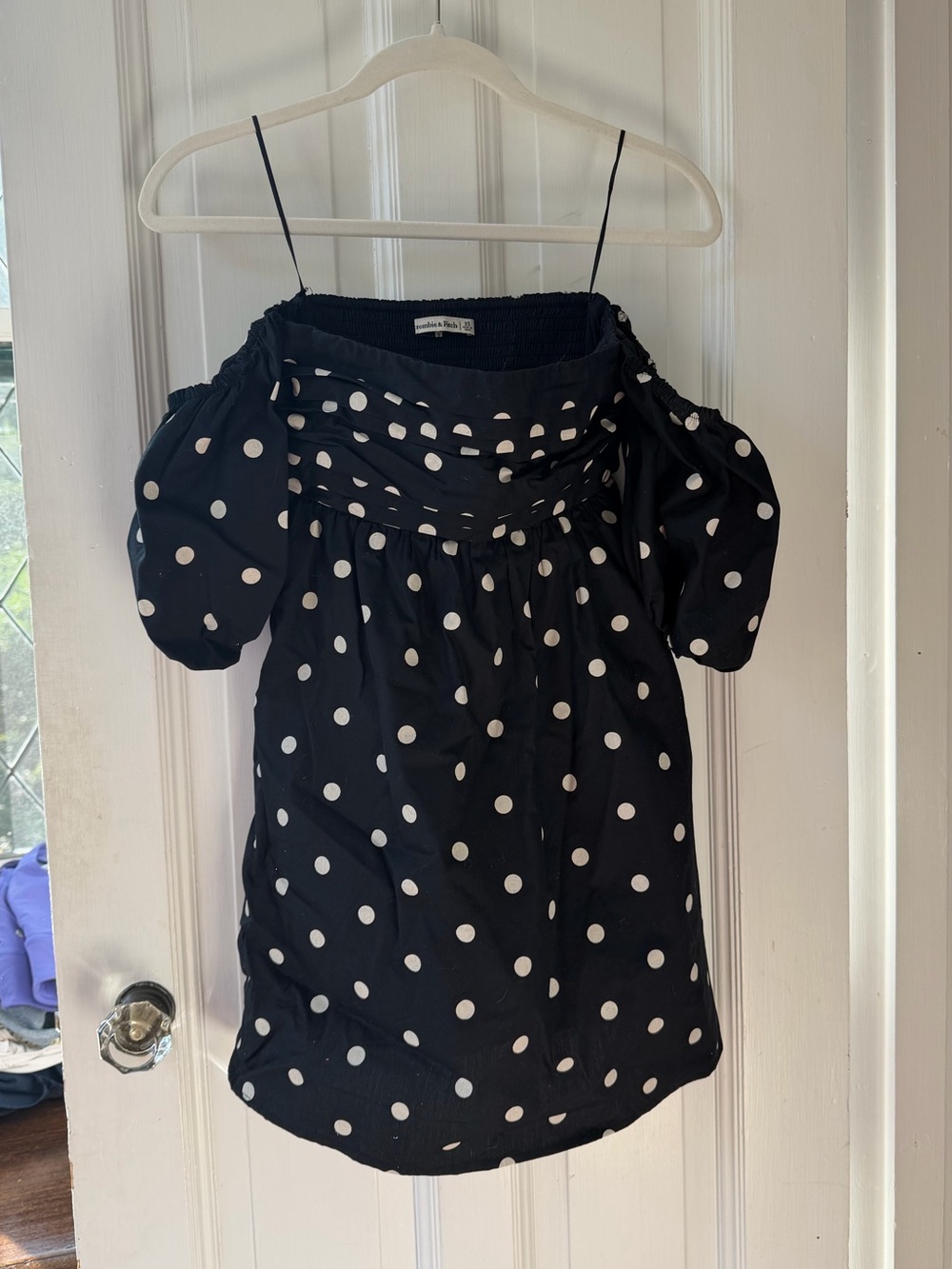 Abercrombie & Fitch Black Polka Dot Off-Shoulder Mini Dress